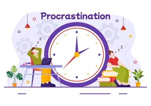 Procrastination Vector Illustration with Procrastinating Lazy Businessman E.. Illustrazione stock