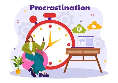 Procrastination Vector Illustration with Procrastinating Lazy Businessman E.. Stock Illustration