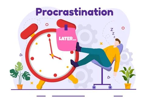 Procrastination Vector Illustration with Procrastinating Lazy Businessman E.. Stockillustratie