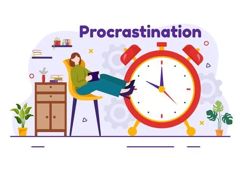 Procrastination Vector Illustration with Procrastinating Lazy Businessman E.. Stock Illustration
