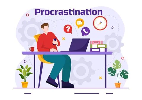 Procrastination Vector Illustration with Procrastinating Lazy Businessman E.. Illustrazione stock