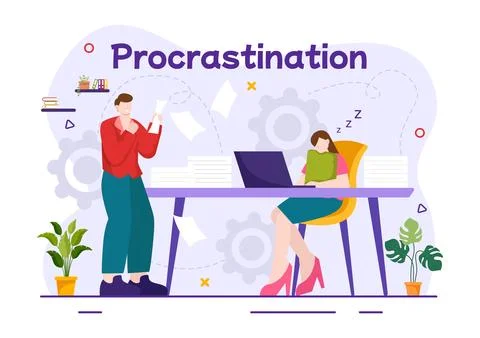 Procrastination Vector Illustration with Procrastinating Lazy Businessman E.. Illustrazione stock