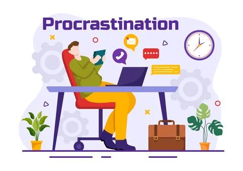 Procrastination Vector Illustration with Procrastinating Lazy Businessman E.. Illustrazione stock