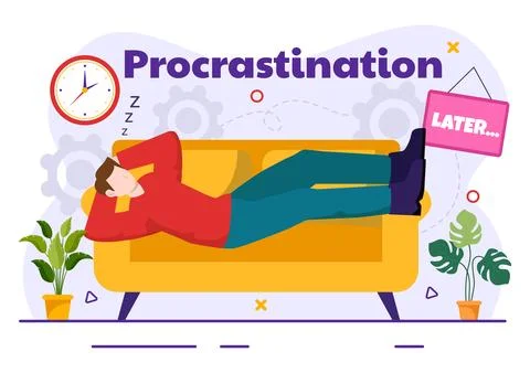 Procrastination Vector Illustration with Procrastinating Lazy Businessman E.. Stock Illustration