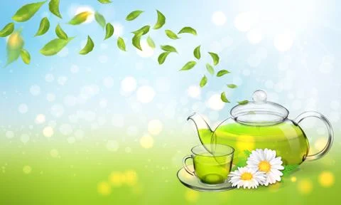 Procurement for the brochure of chamomile tea with a transparent glass teapot Иллюстрация