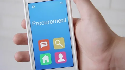 PROCUREMENT concept application on the smartphone. Man uses mobile app. Stock Footage 77414185