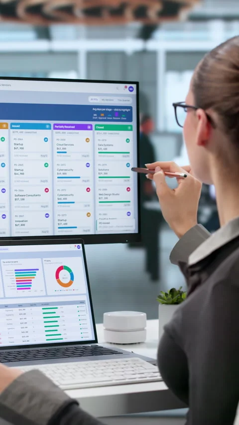 Procurement Manager Reviews Purchase Order Approval Workflow Vidéo 343890317