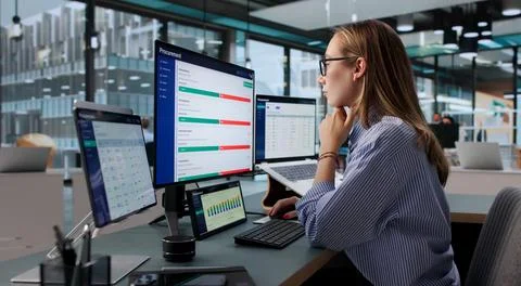 Procurement Manager Using Software On Laptop To Review Vendor Contracts. Stock-Fotos