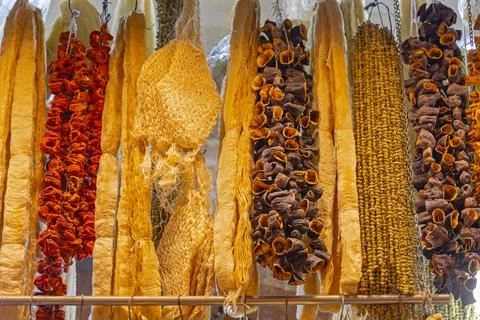 Produce Hanging on Strings 스톡 사진