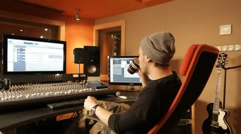 Producer drinking coffee in recording studio - tracking shot Stock Footage 21747533