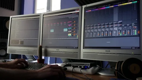 Producing music in professional audio studio Stock Footage 74396467
