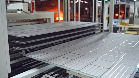Producing process of solar panel. Automated technology of producing solar cells. Stock Footage 115889599