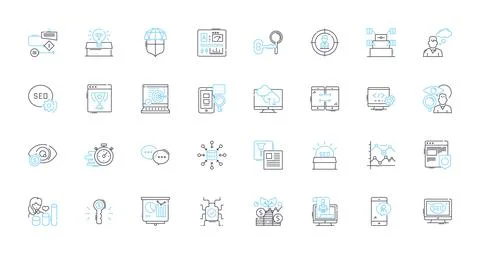 Product analysis linear icons set. Analysis, Product, Features, Benefits, Design Stock Illustration