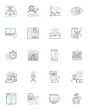 Product analysis linear icons set. Analysis, Product, Features, Benefits, Design Stock Illustration