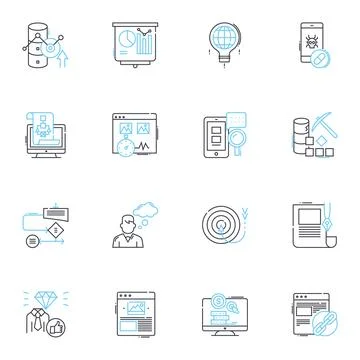 Product analysis linear icons set. Analysis, Product, Features, Benefits, Design Stock Illustration