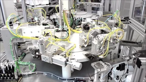 Product assembling line automated machine. Stock Footage 143015870