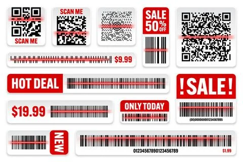 Product barcodes and QR codes with red scanning line. Sale stickers, discount イラスト素材