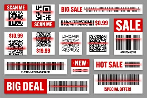 Product barcodes and QR codes with red scanning line. Sale stickers, discount イラスト素材