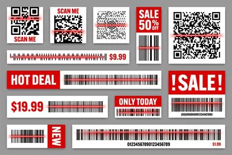 Product barcodes and QR codes with red scanning line. Sale stickers, discount Illustrazione stock
