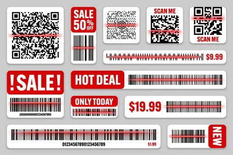 Product barcodes and QR codes with red scanning line. Sale stickers, discount イラスト素材