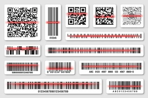 Product barcodes and QR codes with red scanning line. Identification tracking Stock-Illustration