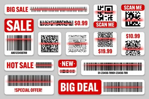 Product barcodes and QR codes with red scanning line. Sale stickers, discount イラスト素材