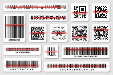 Product barcodes and QR codes with red scanning line. Identification tracking Stock-Illustration