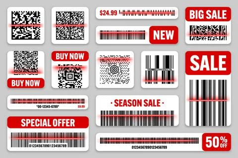 Product barcodes and QR codes with red scanning line. Sale stickers, discount イラスト素材