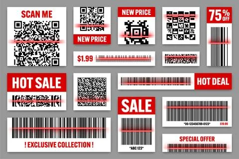 Product barcodes and QR codes with red scanning line. Sale stickers, discount イラスト素材