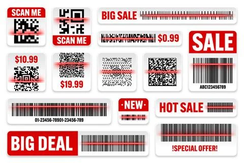 Product barcodes and QR codes with red scanning line. Sale stickers, discount イラスト素材