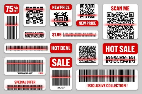Product barcodes and QR codes with red scanning line. Sale stickers, discount イラスト素材