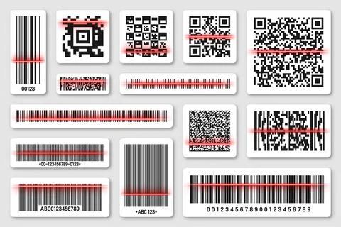 Product barcodes and QR codes with red scanning line. Identification tracking イラスト素材