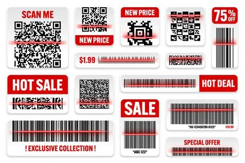 Product barcodes and QR codes with red scanning line. Sale stickers, discount 스톡 일러스트