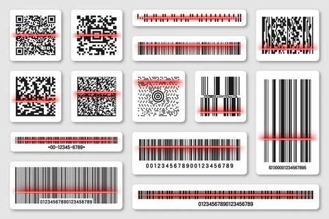 Product barcodes and QR codes with red scanning line. Identification tracking イラスト素材