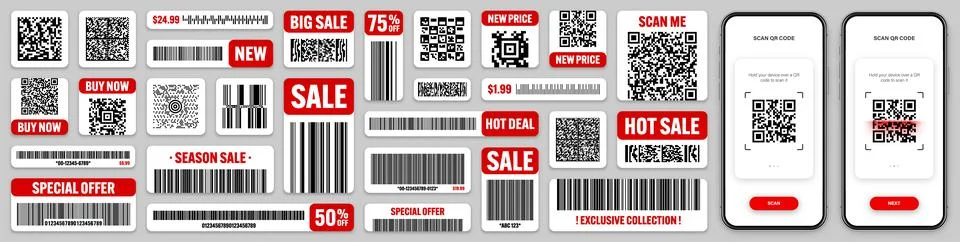 Product barcodes and QR codes. Smartphone application, scanner app. Sale Stock-Illustration