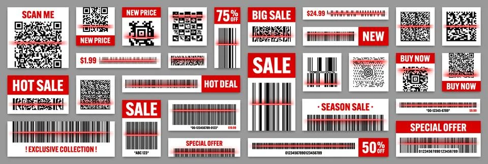 Product barcodes and QR codes with red scanning line. Sale stickers, discount Stock Illustration