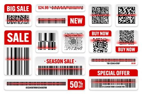 Product barcodes and QR codes with red scanning line. Sale stickers, discount Illustrazione stock