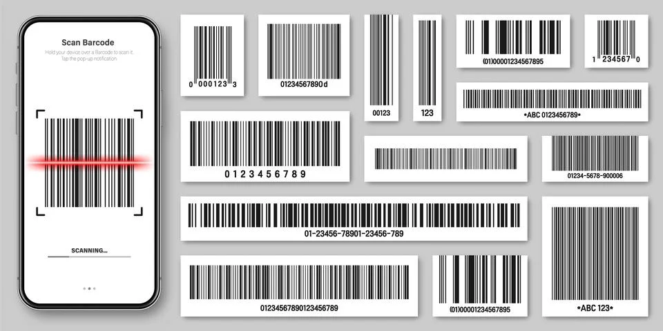 Product barcodes collection. Smartphone application, scanner app. Identification Illustrazione stock