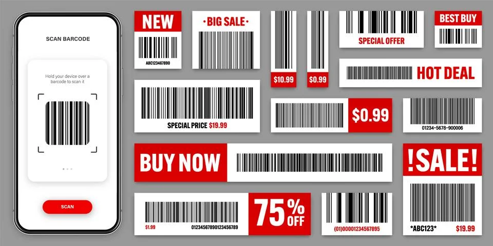 Product barcodes. Smartphone application, scanner app. Sale stickers, discount Stock Illustration