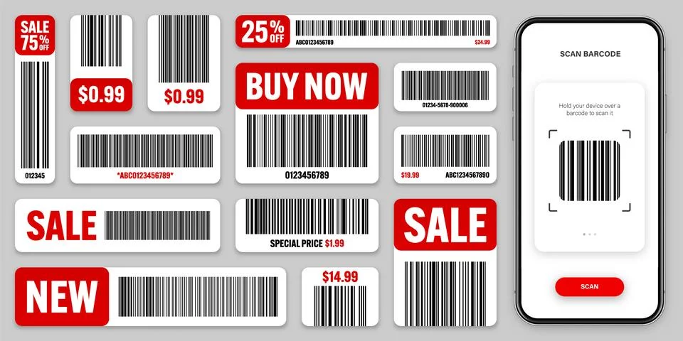 Product barcodes. Smartphone application, scanner app. Sale stickers, discount Stock Illustration