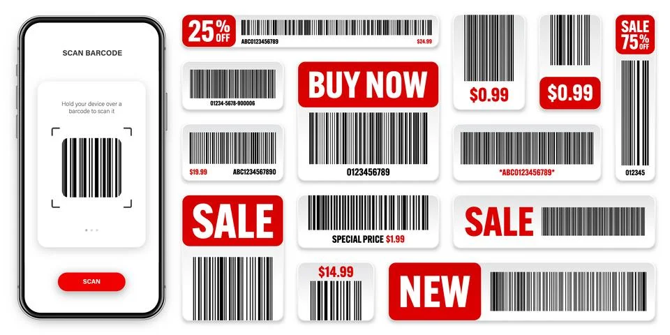 Product barcodes. Smartphone application, scanner app. Sale stickers, discount Stock Illustration