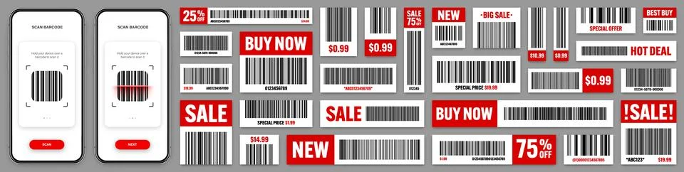 Product barcodes. Smartphone application, scanner app. Sale stickers, discount Illustrazione stock