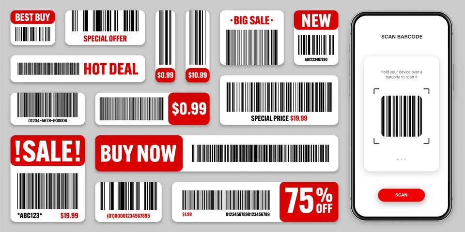 Product barcodes. Smartphone application, scanner app. Sale stickers, discount Stock Illustration