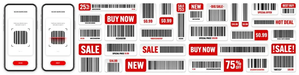 Product barcodes. Smartphone application, scanner app. Sale stickers, discount Stock Illustration