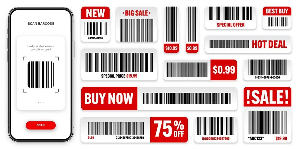 Product barcodes. Smartphone application, scanner app. Sale stickers, discount Stock Illustration