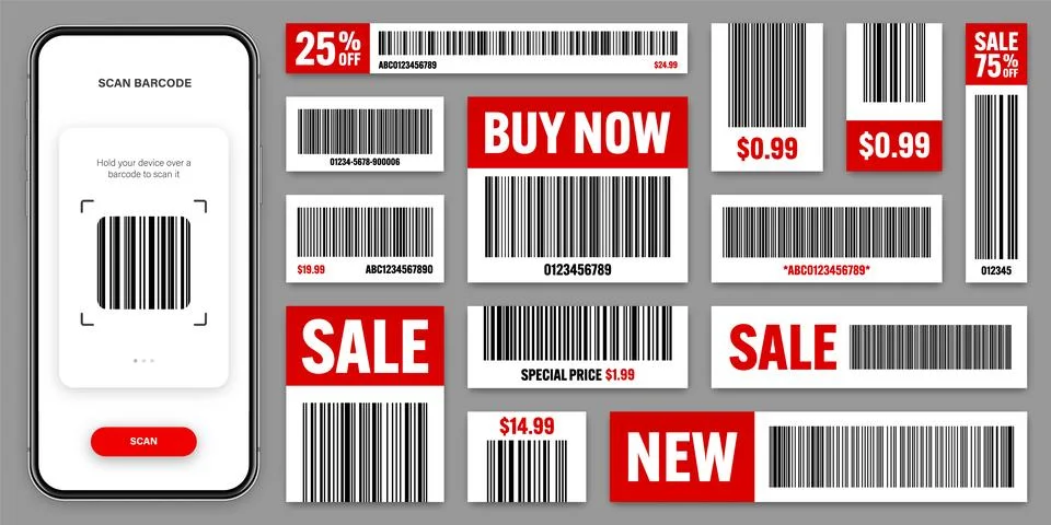 Product barcodes. Smartphone application, scanner app. Sale stickers, discount Stock Illustration