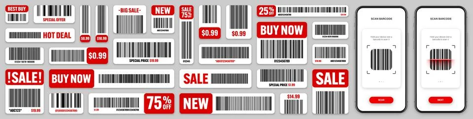 Product barcodes. Smartphone application, scanner app. Sale stickers, discount Stock Illustration