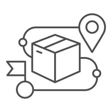 Product box and map pin thin line icon, Shipping delivery symbol, Package Stock Illustration