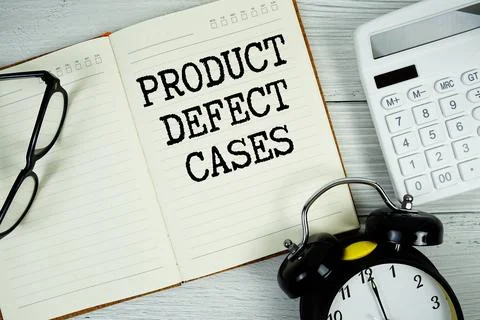 Product Defect Cases  text on notepad with alarm clock, eyeglasses and calc.. Foto stock