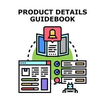 Product details guidebook explaining information workflow overview Stock Illustration